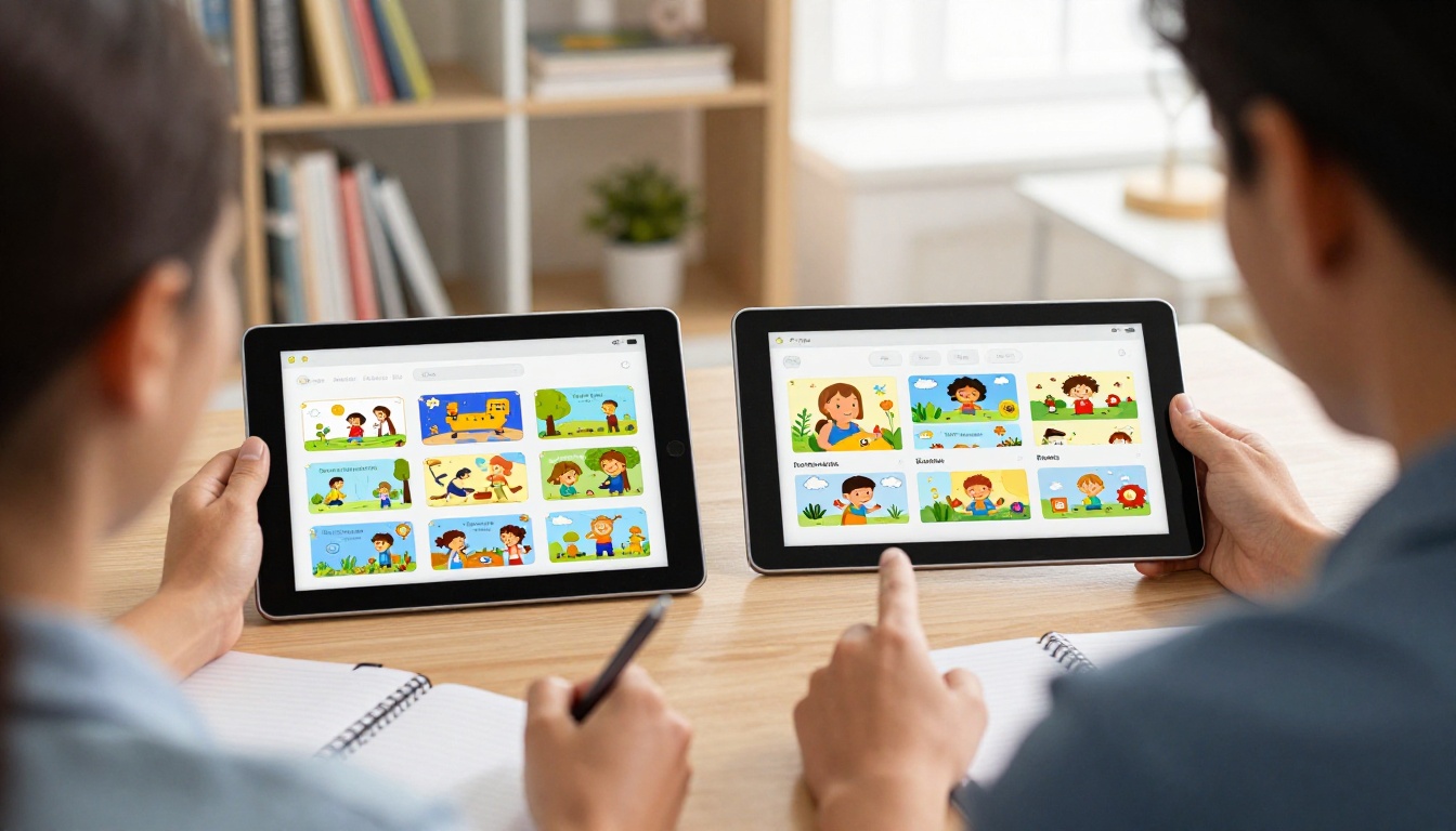 Teacher at a desk comparing two tablet apps with children's book templates Teacher at a desk comparing two tablet apps with children's book templates