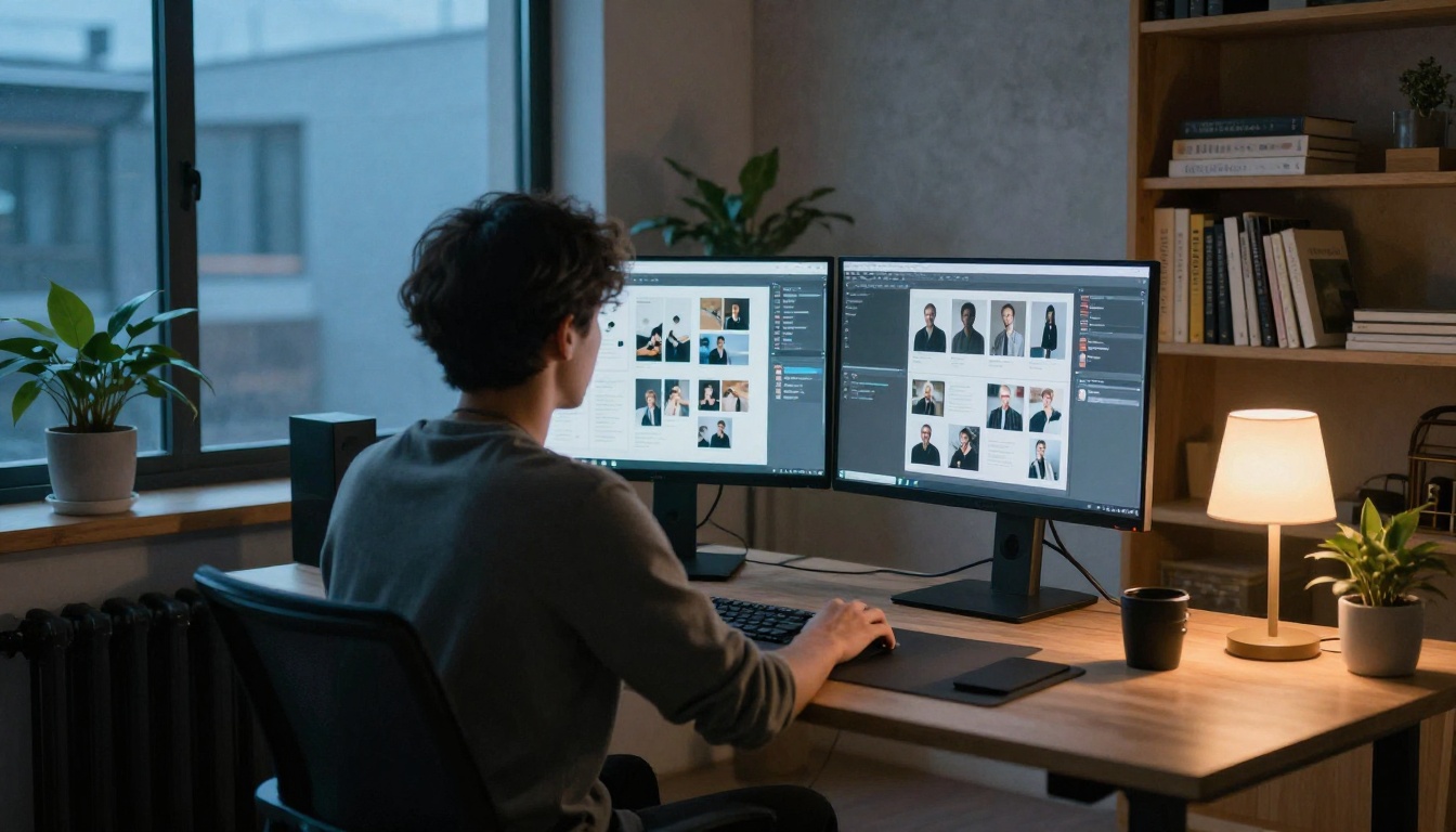Wide shot of a designer at a standing desk comparing two portfolio layouts on dual monitors
