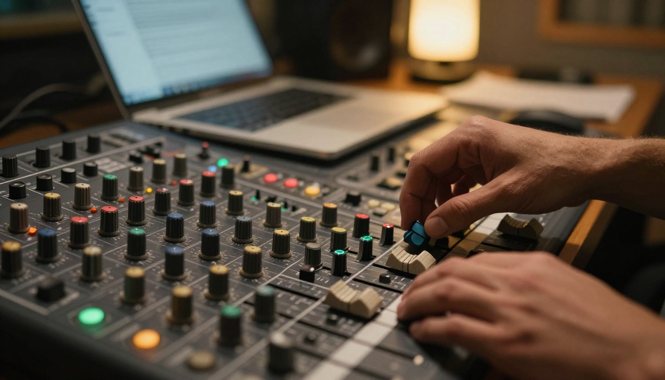 Hands adjusting a mixing console in a small recording studio