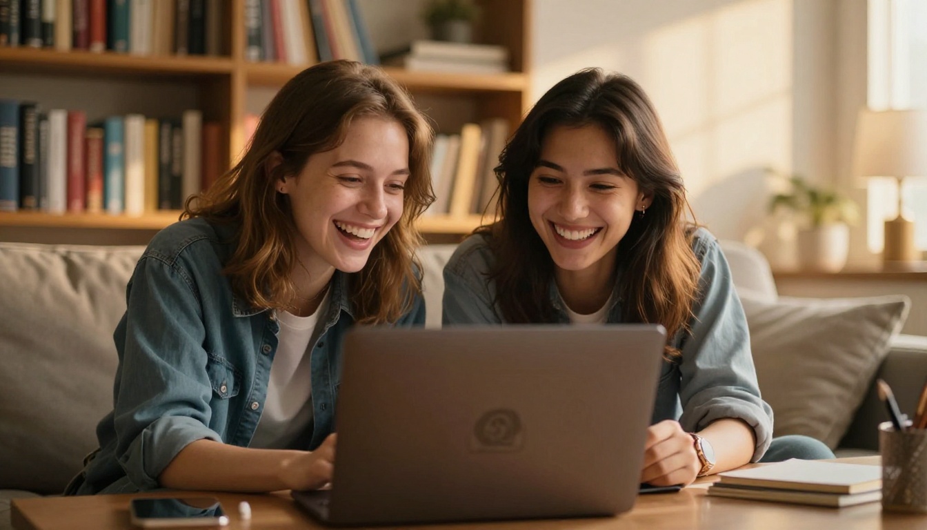 Two friends laughing while looking at a comic page on a laptop Two friends laughing while looking at a comic page on a laptop