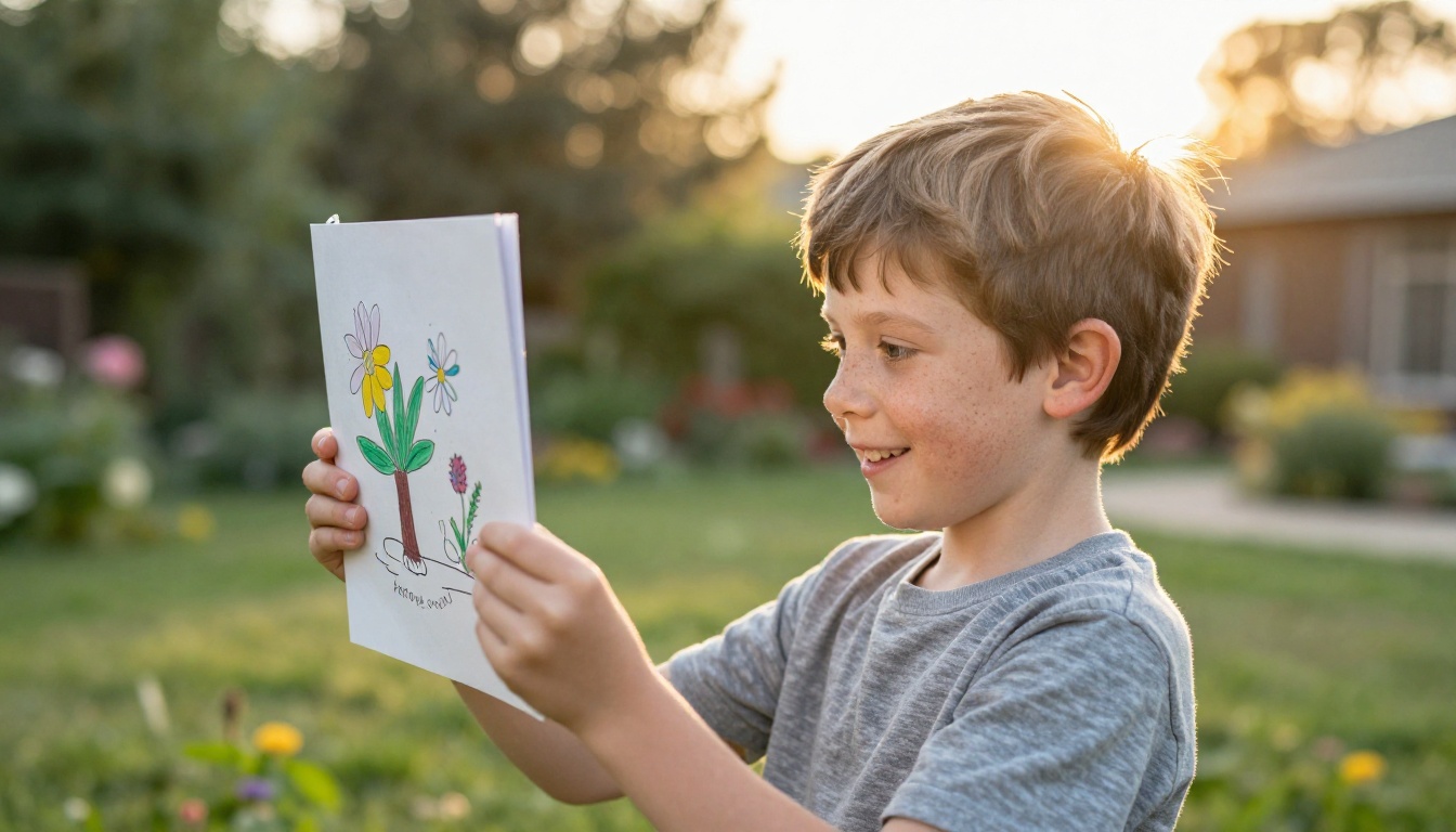 Boy proudly holding up a printed book he made himself in a sunny garden Boy proudly holding up a printed book he made himself in a sunny garden
