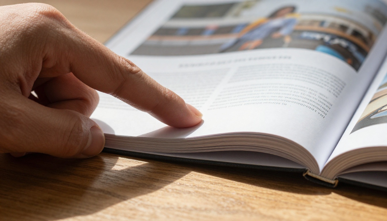 Macro shot of a hand turning a page of a printed lookbook