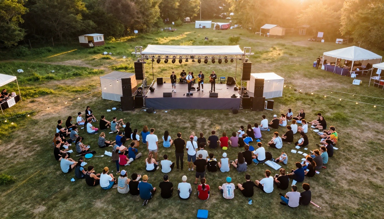 Aerial view of an outdoor festival stage with a crowd at golden hour