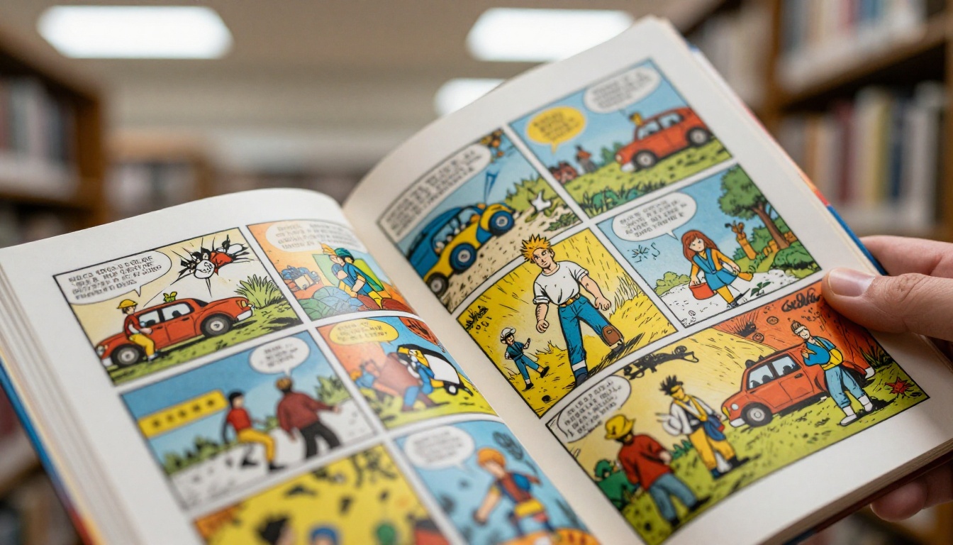 A printed comic book held open in two hands in a library A printed comic book held open in two hands in a library