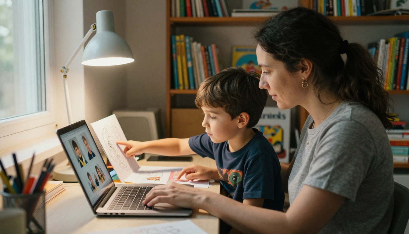 Mother and son arranging photos and drawings into a family storybook on a laptop Mother and son arranging photos and drawings into a family storybook on a laptop