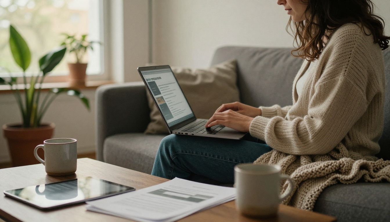 Woman on a sofa with a laptop sending a portfolio link, printed proofs on the coffee table