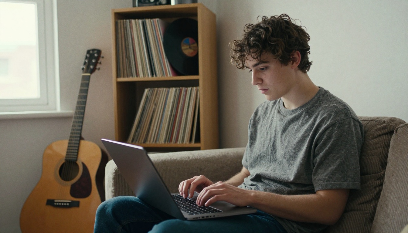 Singer-songwriter working on a laptop on a couch with a guitar behind