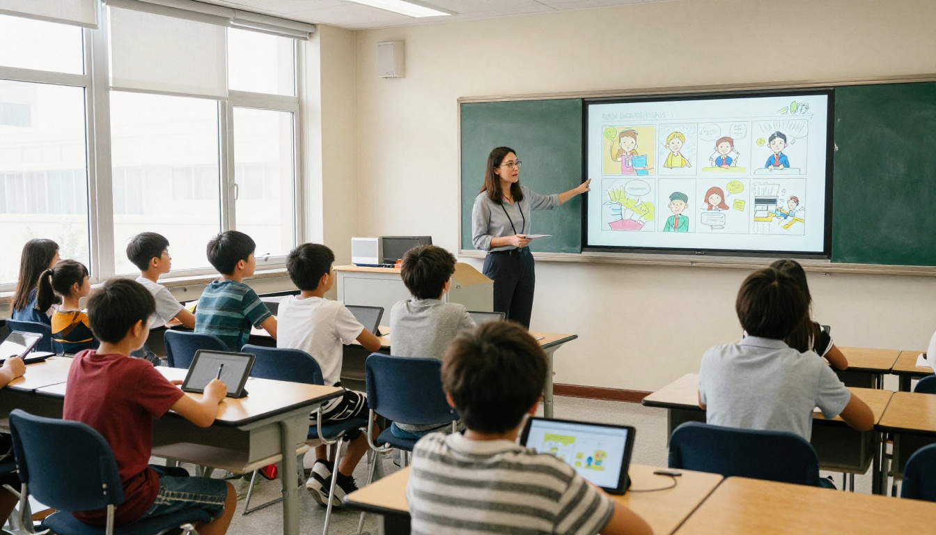 A classroom of students looking at a comic project on a projector A classroom of students looking at a comic project on a projector
