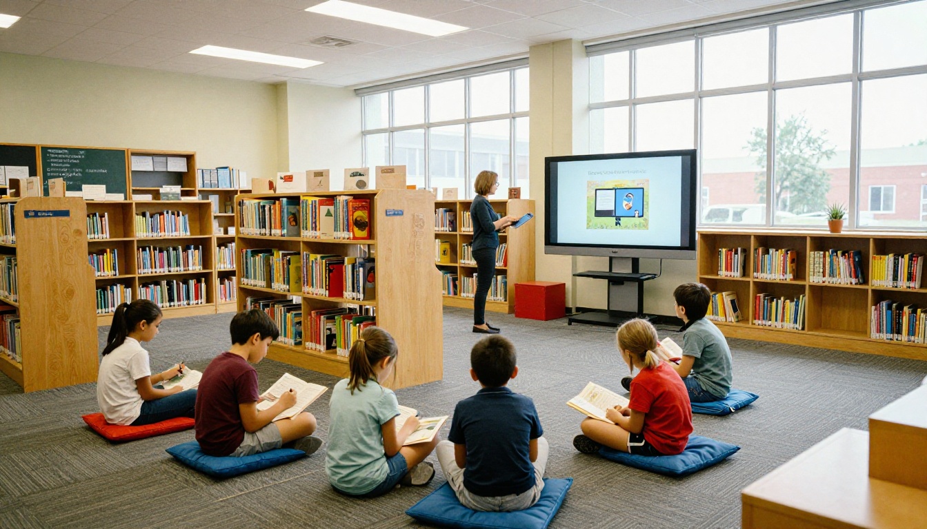 Elementary school library with children reading and a teacher showing a tablet storybook Elementary school library with children reading and a teacher showing a tablet storybook