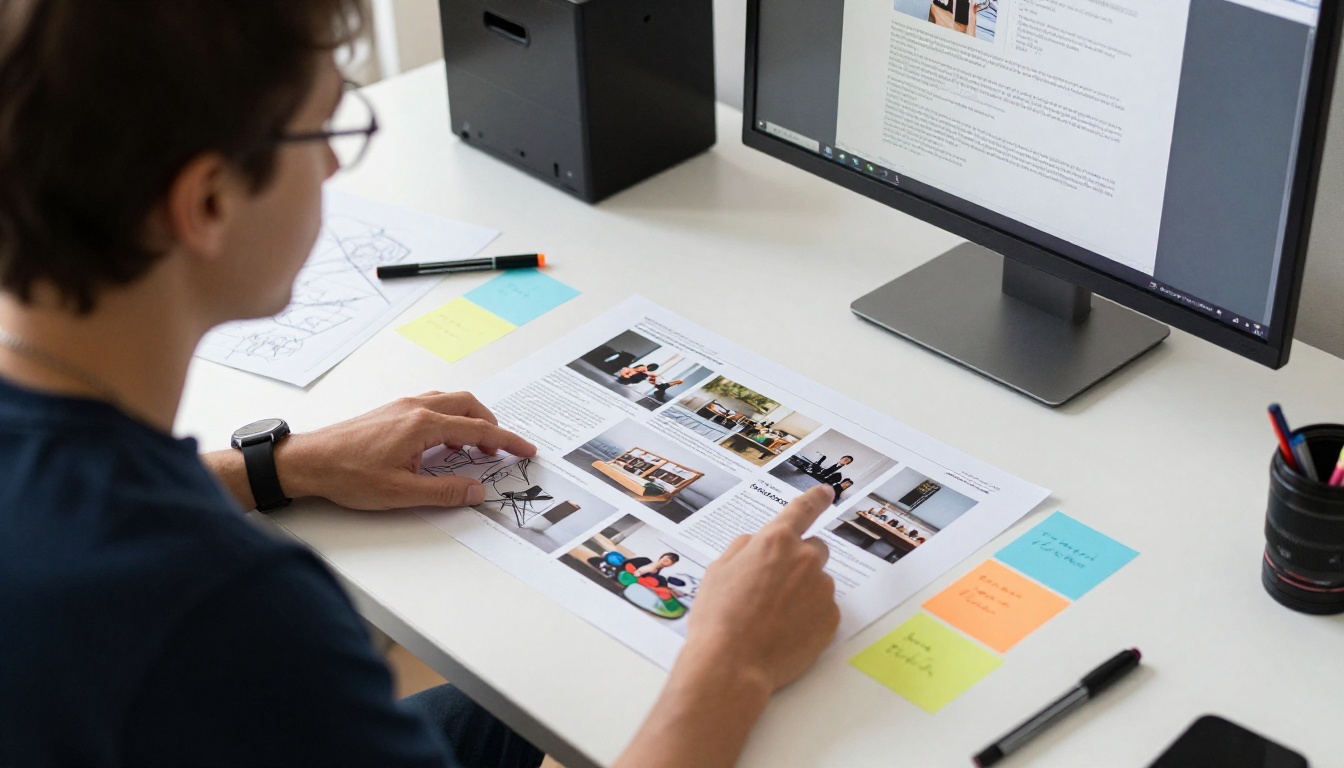 Two designers collaborating at a long table planning a case study layout
