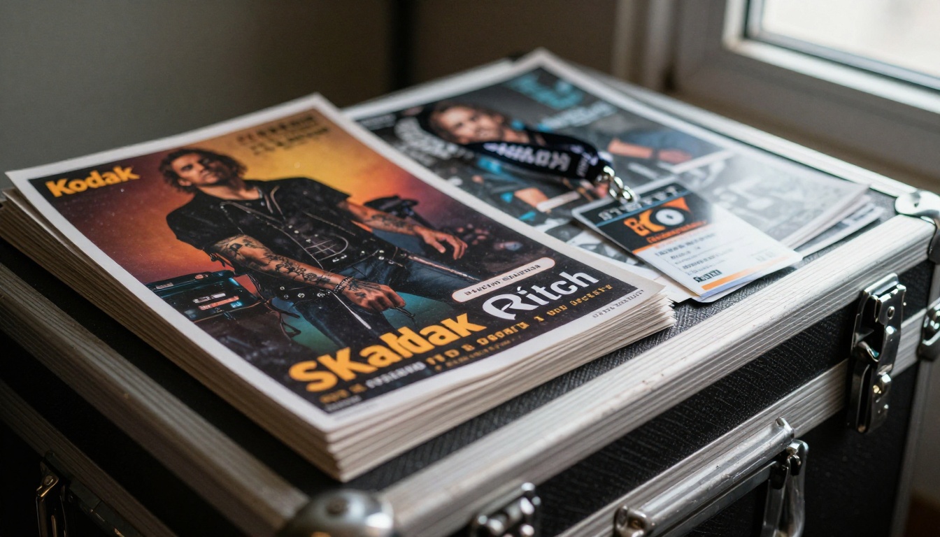 Stack of band posters, demo CDs and a backstage pass on a road case