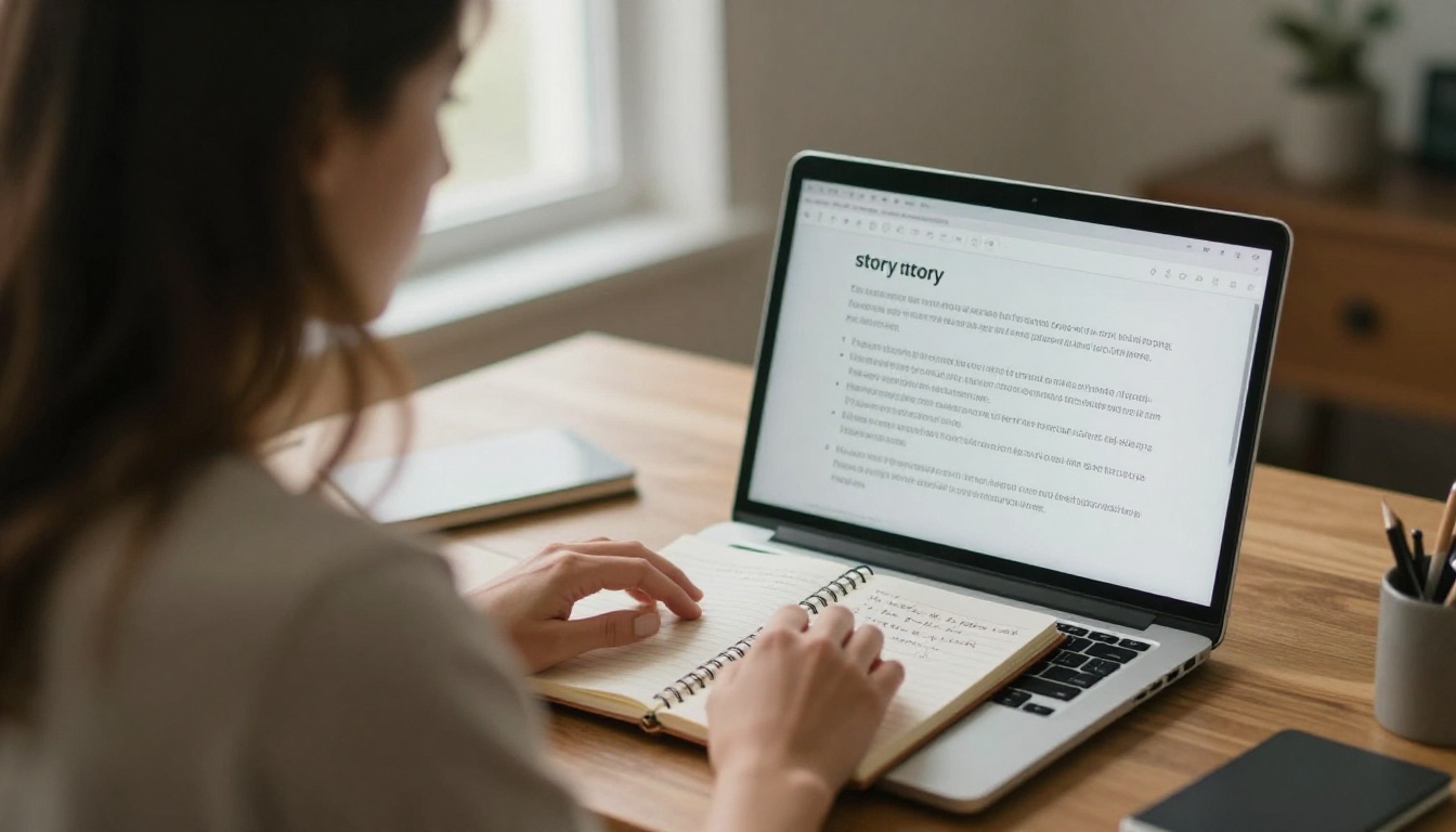 A woman typing a story prompt on a laptop beside handwritten plot notes A woman typing a story prompt on a laptop beside handwritten plot notes
