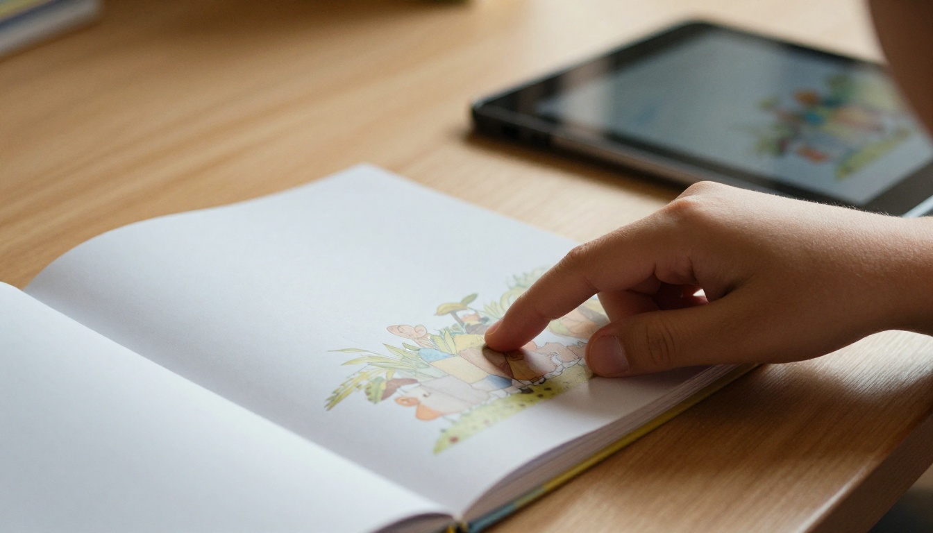 Child's hand turning the page of a printed picture book beside a tablet Child's hand turning the page of a printed picture book beside a tablet
