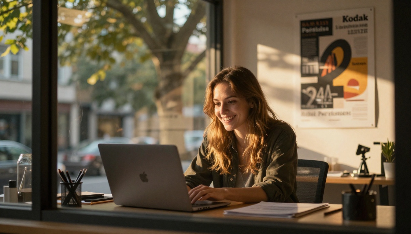 Graphic designer smiling at a laptop in a sunlit studio, seen through a window