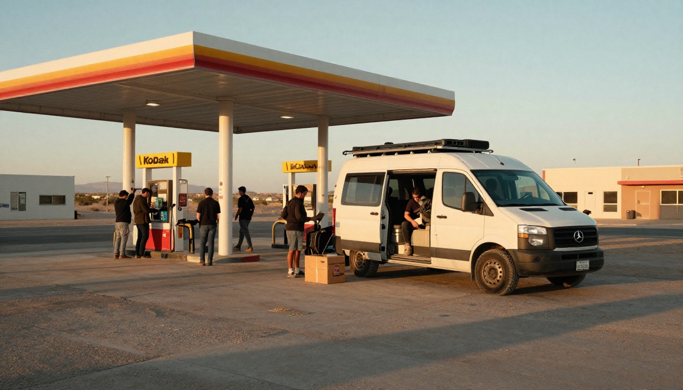 Band loading gear into a tour van at sunrise