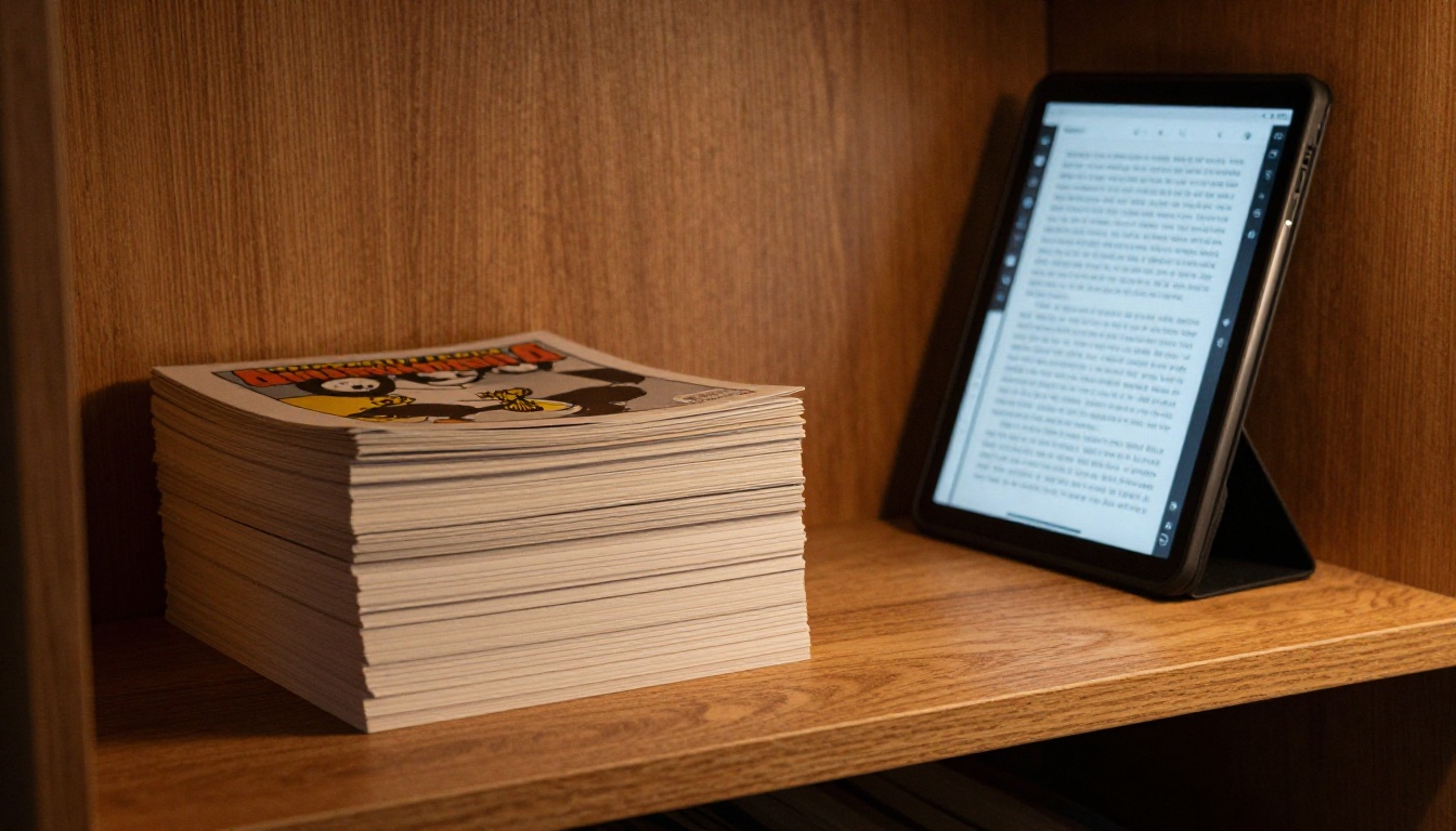 A stack of graphic novels beside a tablet displaying a book page A stack of graphic novels beside a tablet displaying a book page