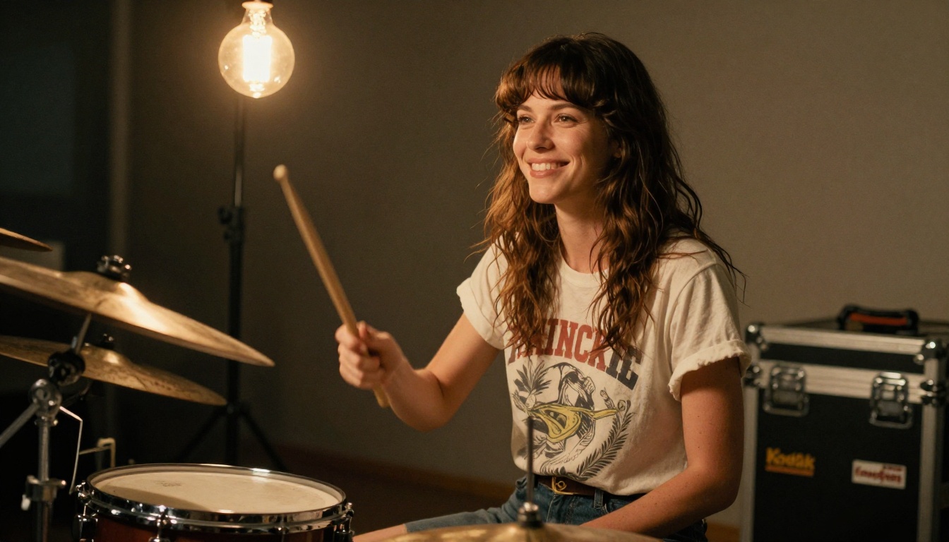 Female drummer smiling backstage next to a flight case
