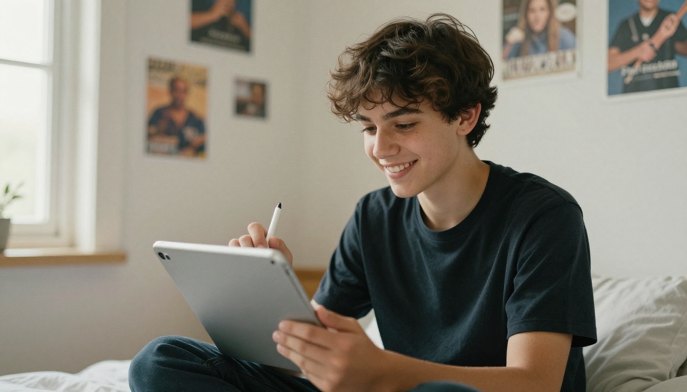 A smiling teenager holding a tablet and stylus in a bedroom studio A smiling teenager holding a tablet and stylus in a bedroom studio