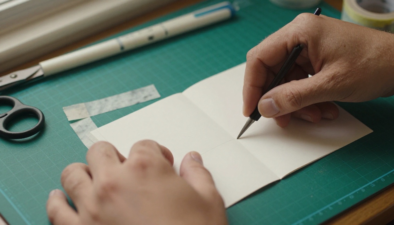 Hands folding a single printed sheet into a tiny zine on a cutting mat Hands folding a single printed sheet into a tiny zine on a cutting mat