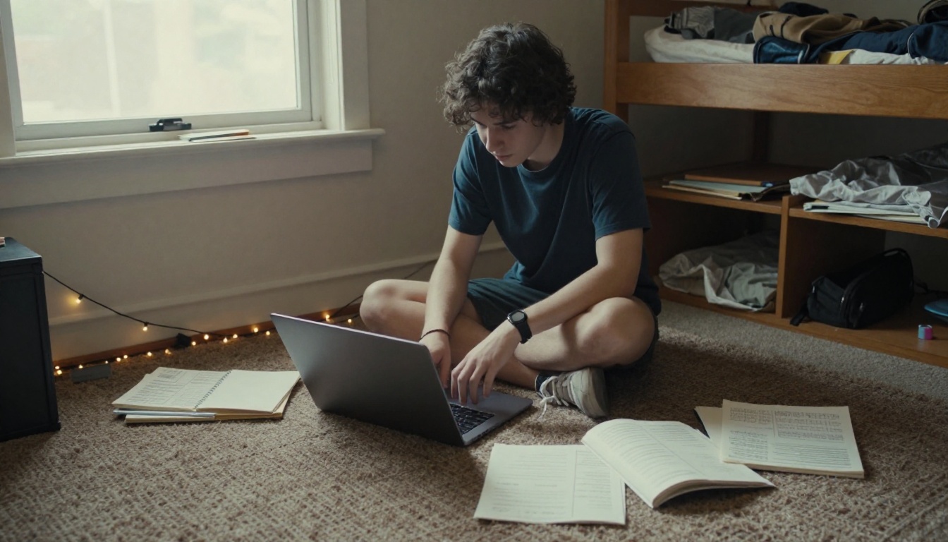 Student sitting on a dorm floor with a laptop showing a page layout, surrounded by zines Student sitting on a dorm floor with a laptop showing a page layout, surrounded by zines