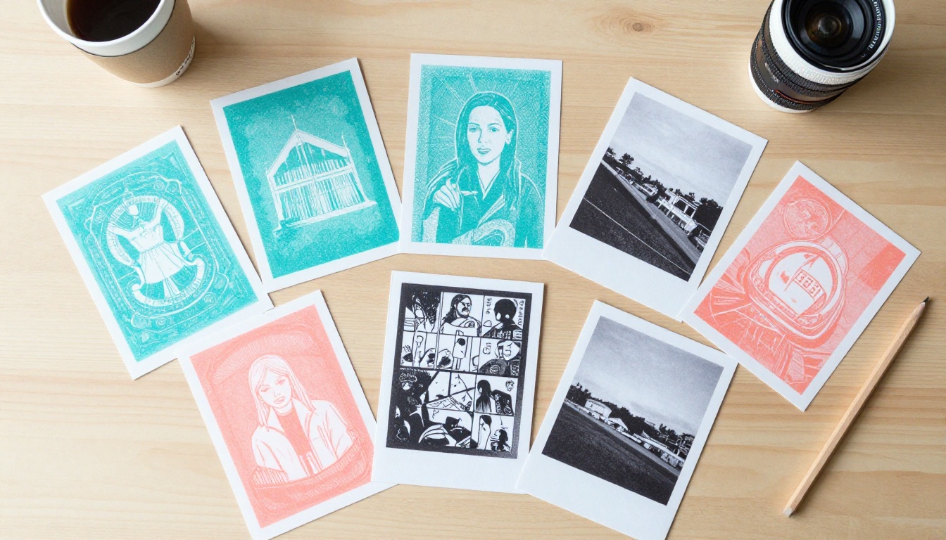 Flat lay of six different zines with riso-printed teal and coral covers Flat lay of six different zines with riso-printed teal and coral covers