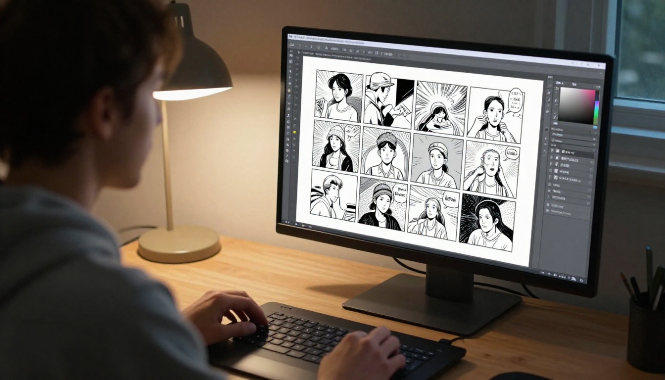 Over-the-shoulder view of an illustrator arranging comic panels on a computer screen Over-the-shoulder view of an illustrator arranging comic panels on a computer screen