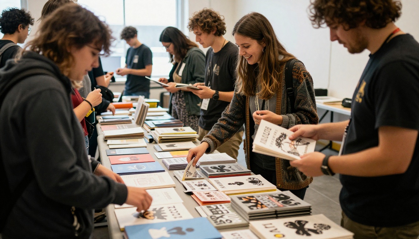 Wide shot of a busy indie zine fair with visitors browsing handmade zines Wide shot of a busy indie zine fair with visitors browsing handmade zines