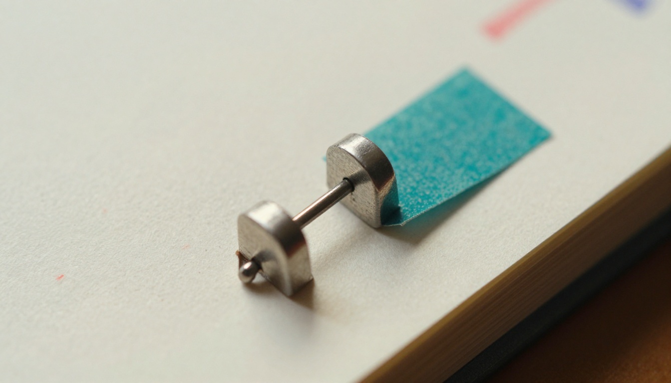 Close-up of a hand-stapled zine spine with two silver staples Close-up of a hand-stapled zine spine with two silver staples