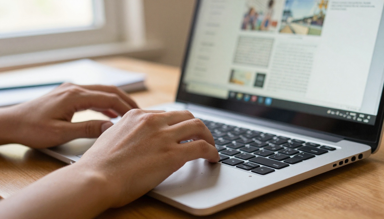 Hands typing on a Chromebook with a flipbook page open