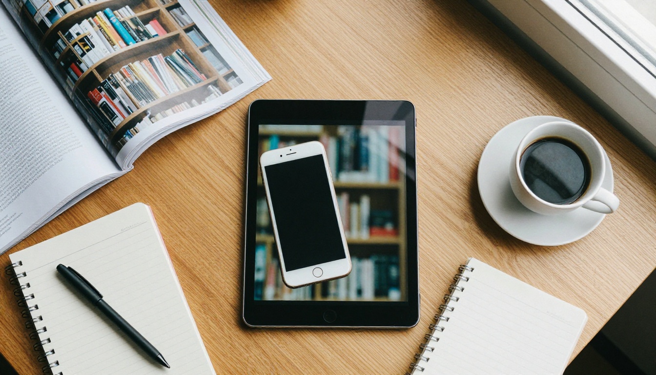 Overhead view of a tablet, phone and printed magazines on a wooden table Overhead view of a tablet, phone and printed magazines on a wooden table