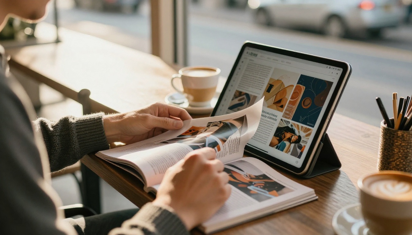Young man reading a digital flipbook magazine on a tablet at a cafe table Young man reading a digital flipbook magazine on a tablet at a cafe table