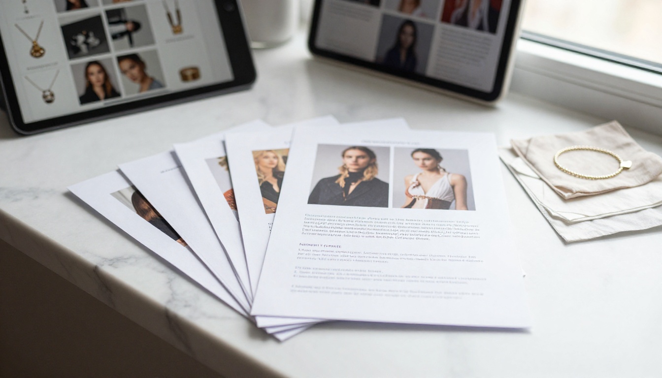 Printed line sheet fanned out next to a tablet showing a product grid
