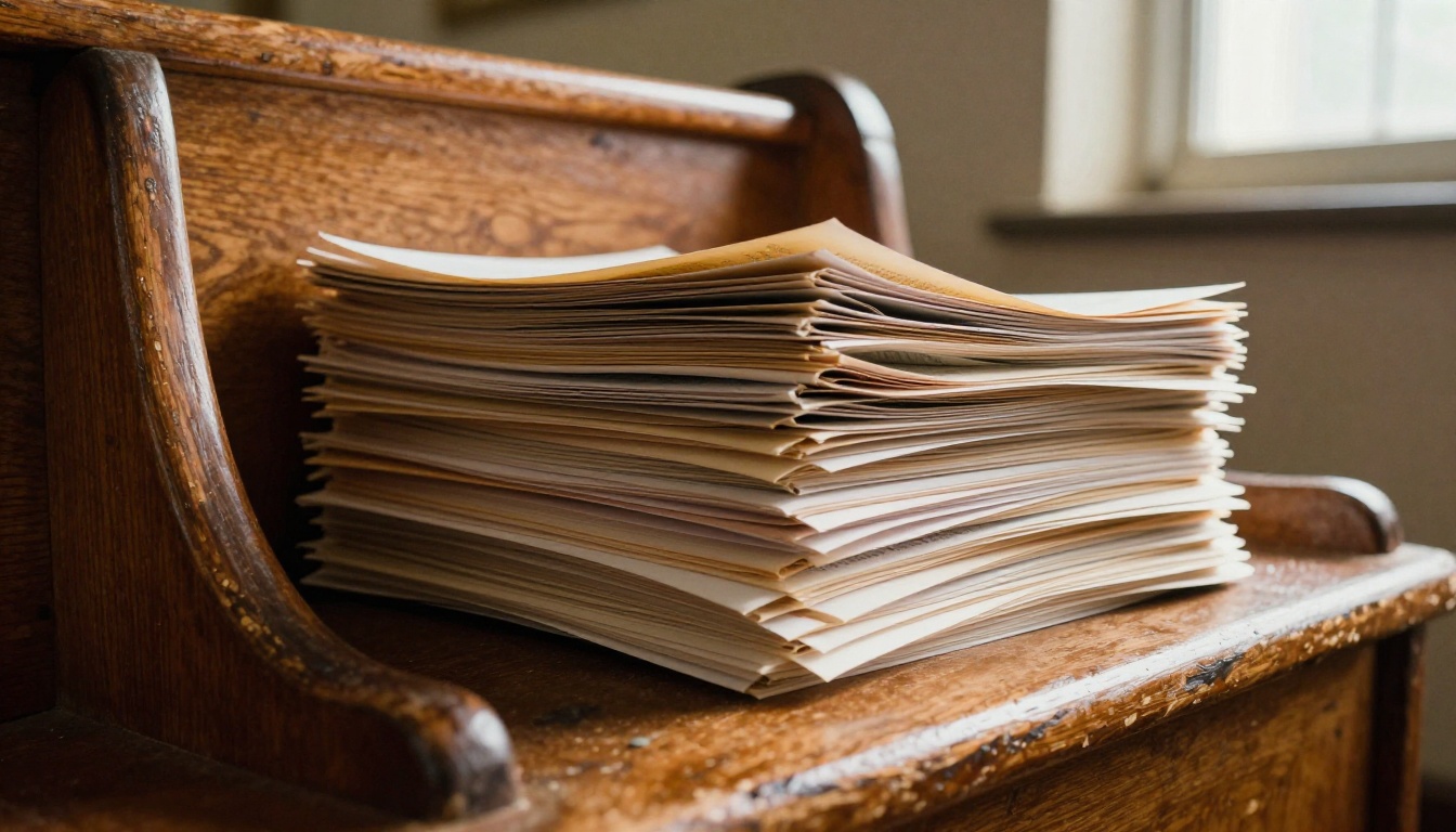 Stack of folded paper church bulletins on a wooden pew beside a hymnal Stack of folded paper church bulletins on a wooden pew beside a hymnal