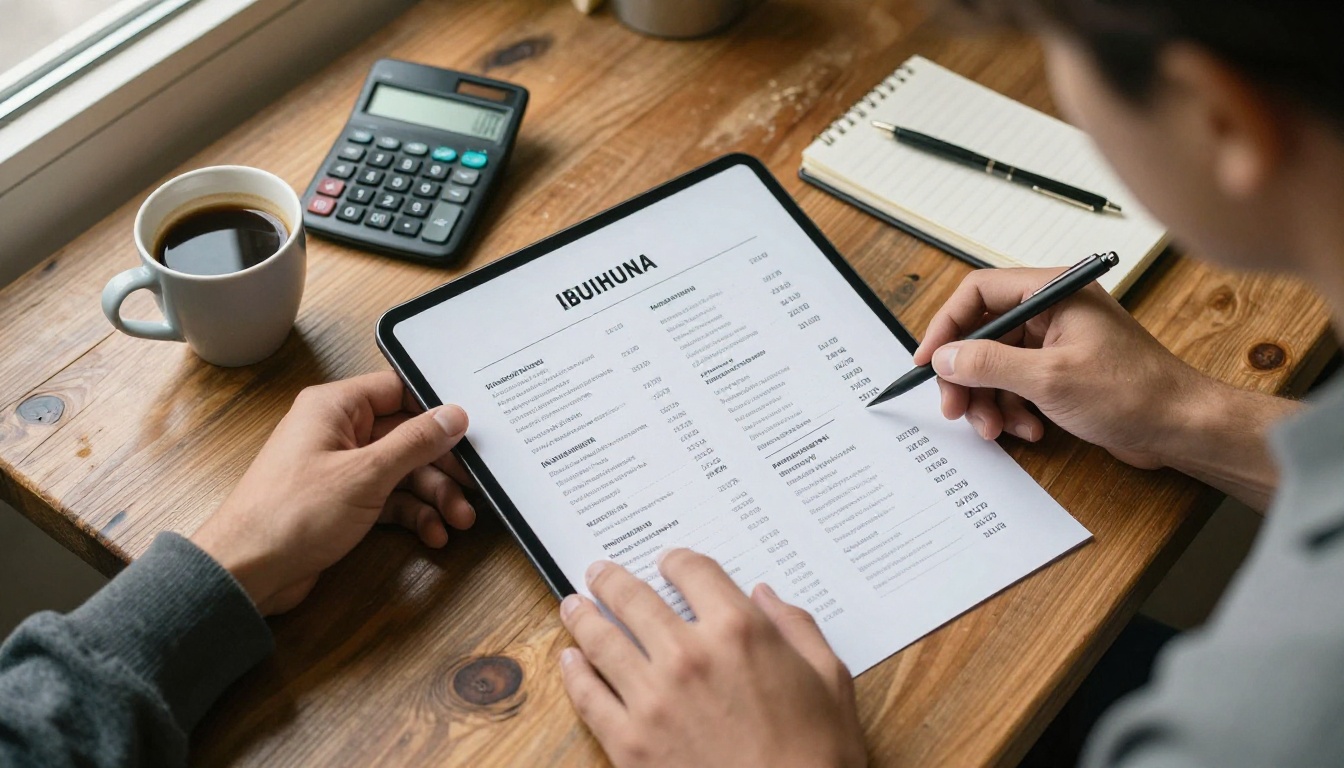 A restaurant owner compares a printed menu with a tablet, a calculator and a notebook of costs