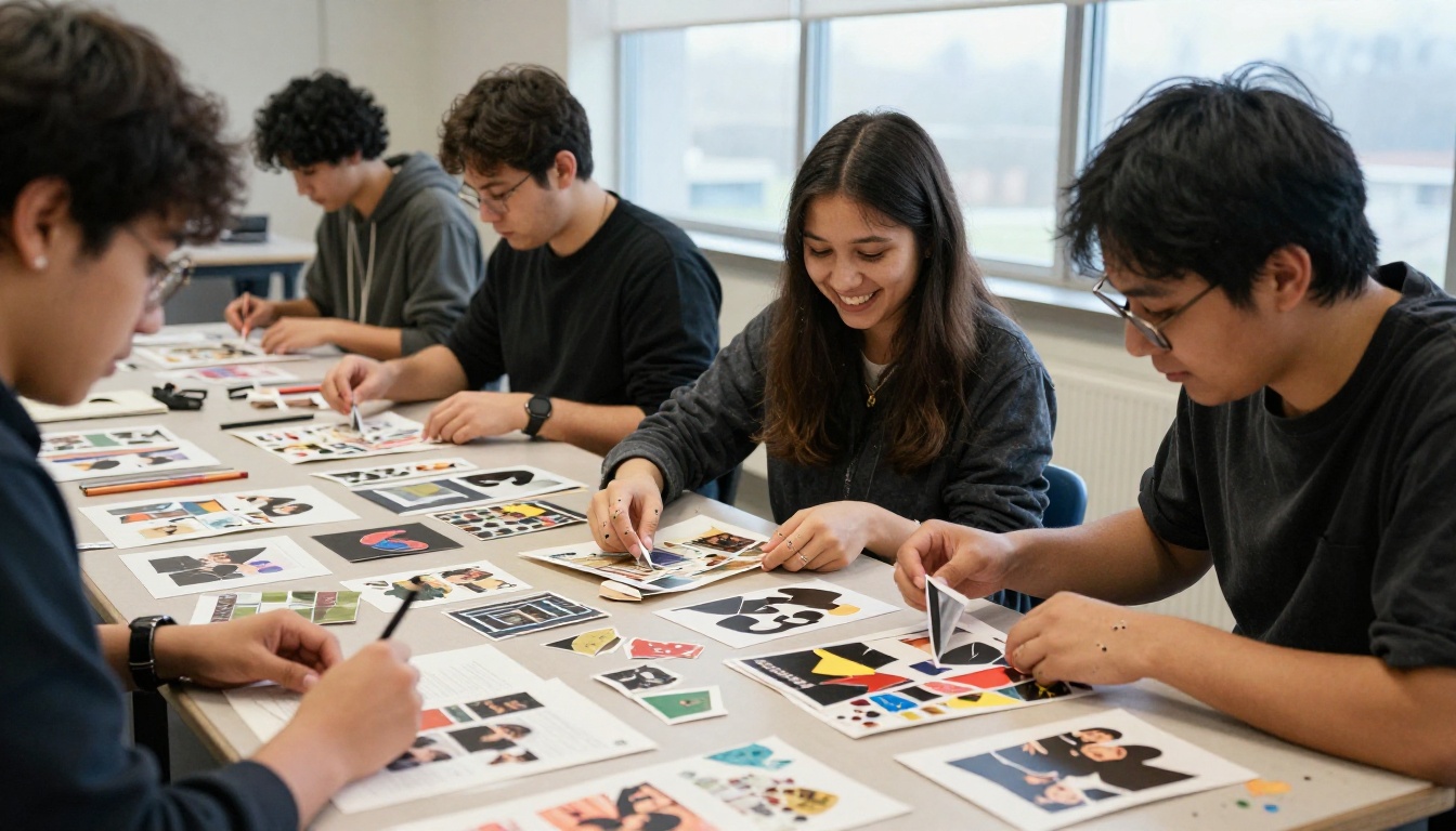 Students around a table cutting collage scraps and laying out zine pages in an art classroom Students around a table cutting collage scraps and laying out zine pages in an art classroom