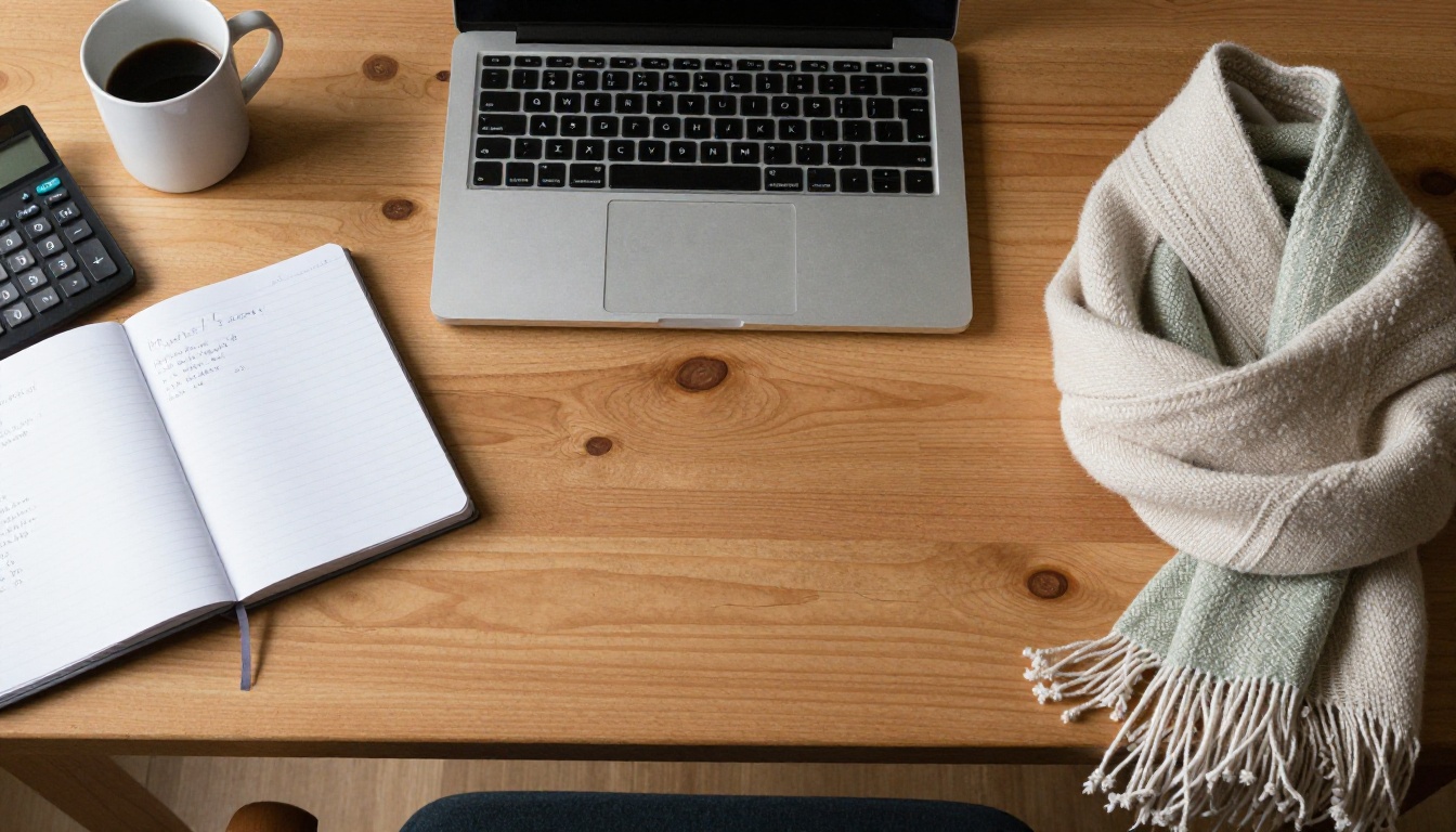 Overhead view of a desk with a laptop, price notes and folded scarves
