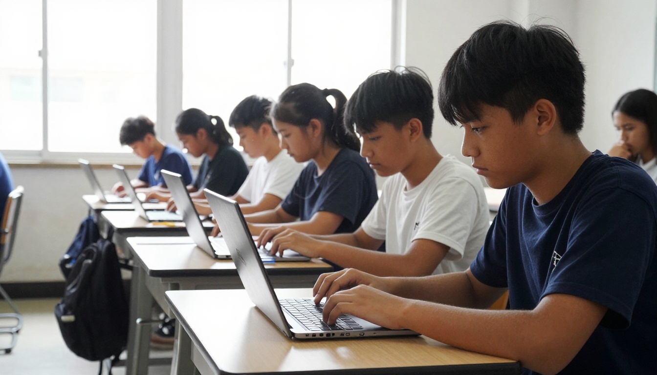 Row of students using Chromebooks in a bright classroom