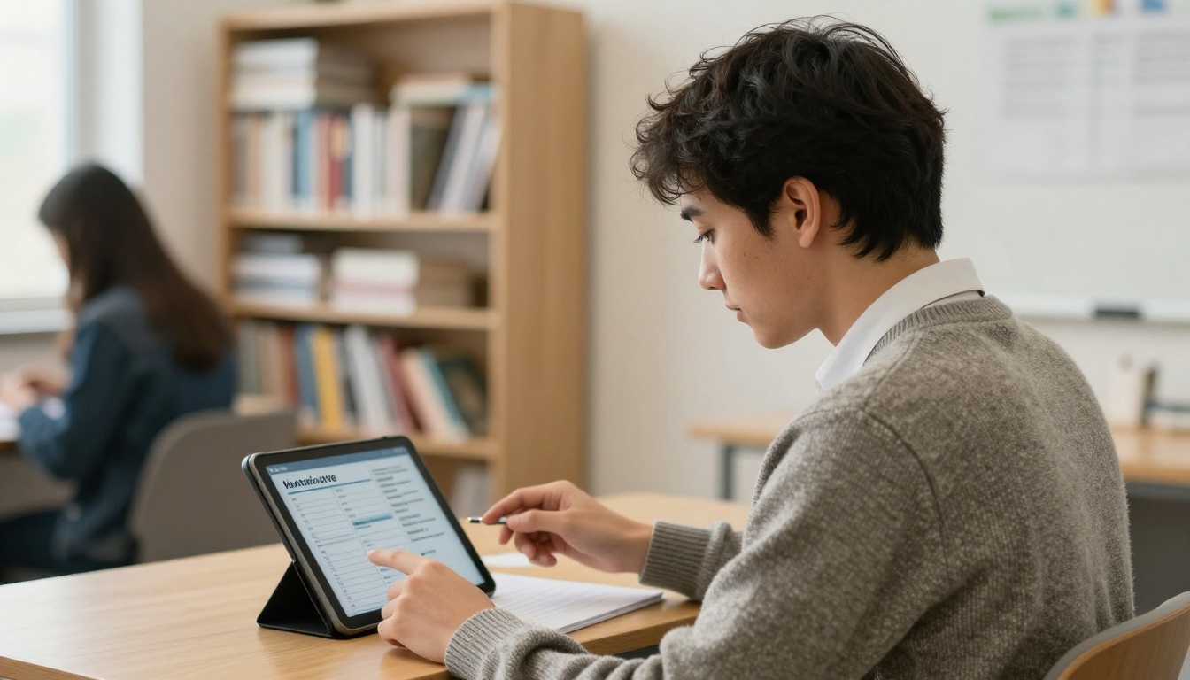 A young pastor reviewing a weekly service program on a tablet A young pastor reviewing a weekly service program on a tablet