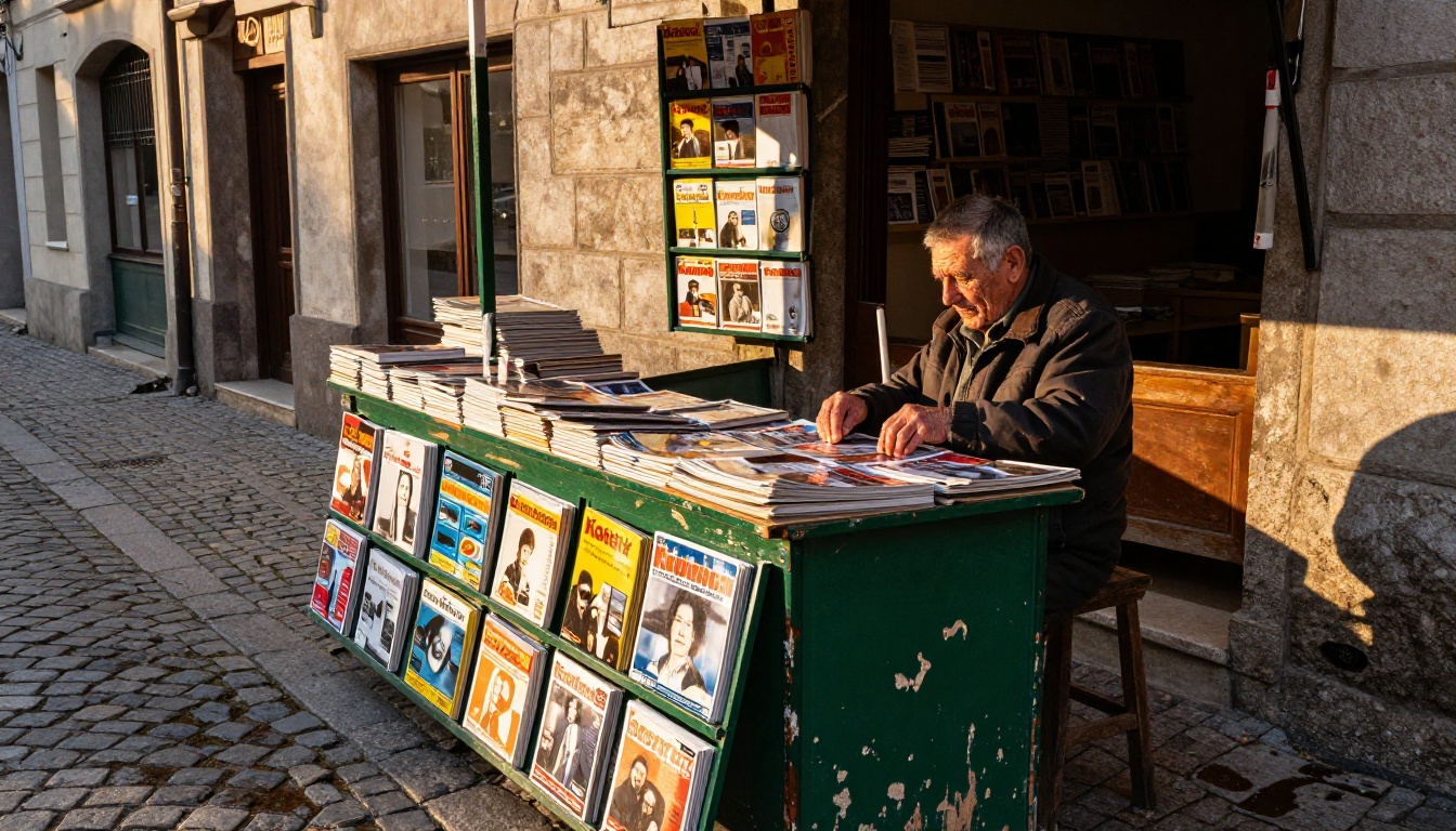 Elderly vendor arranging magazines at a traditional street newsstand Elderly vendor arranging magazines at a traditional street newsstand