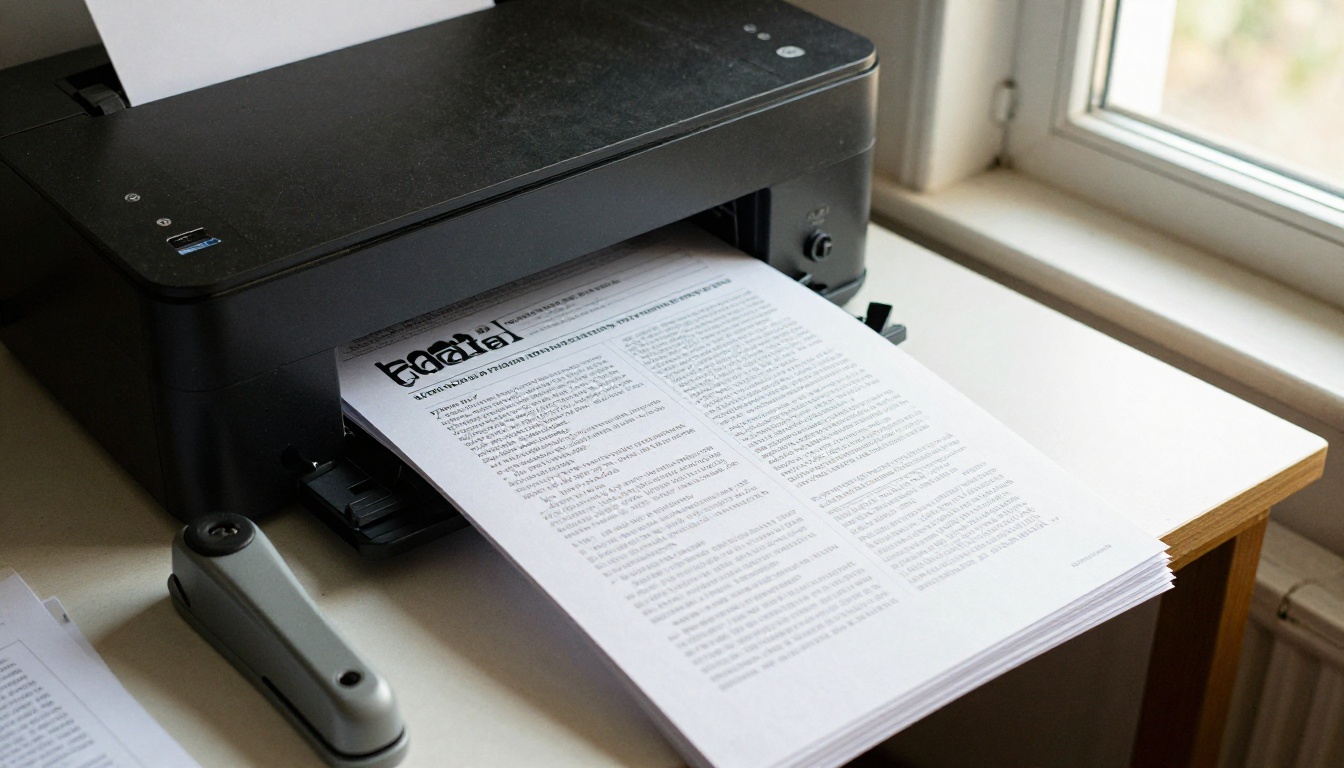 Printer outputting a freshly printed double-sided sheet of zine pages beside a paper trimmer Printer outputting a freshly printed double-sided sheet of zine pages beside a paper trimmer