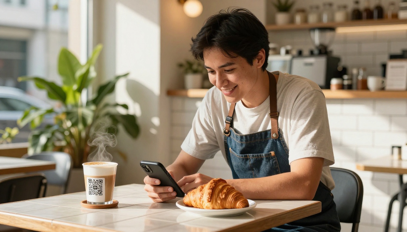 A cafe owner scans a QR code menu stand on her table