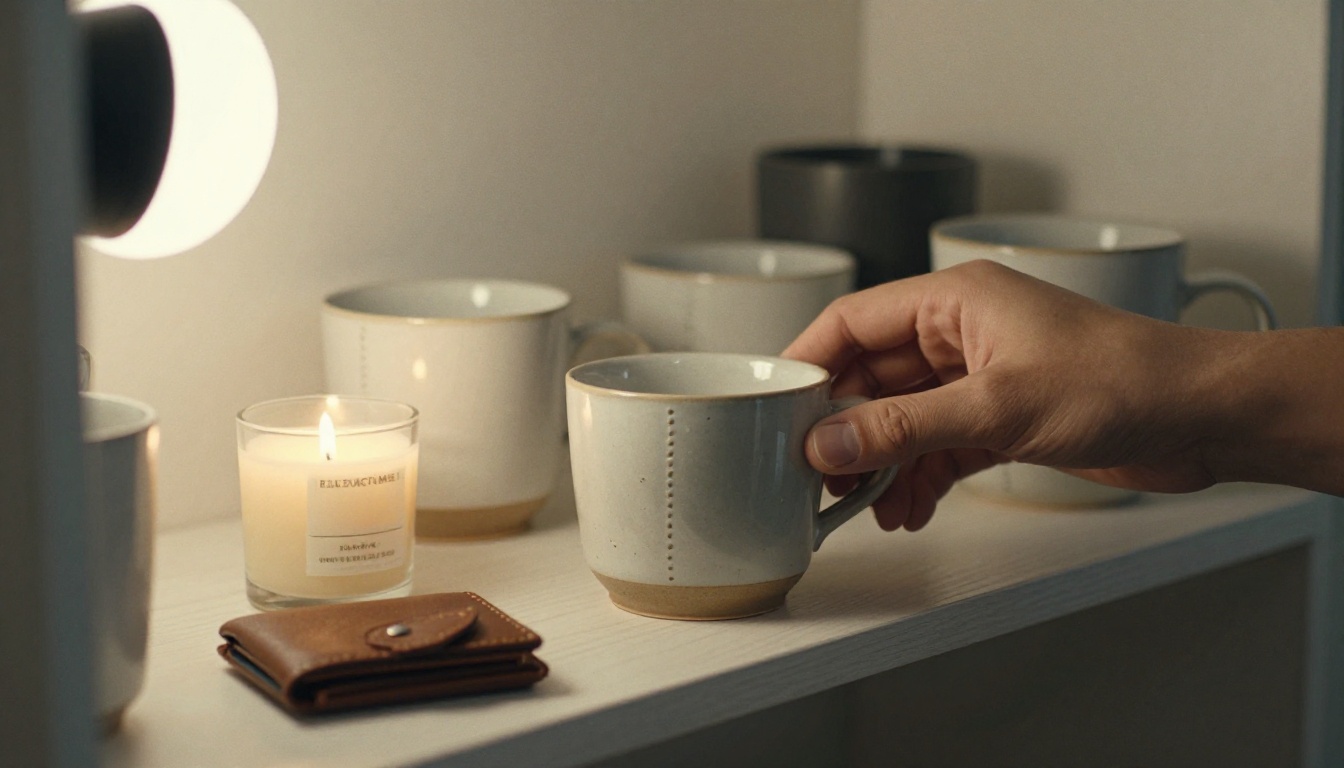 Hands arranging ceramic mugs and candles on an oak shelf for a product shoot