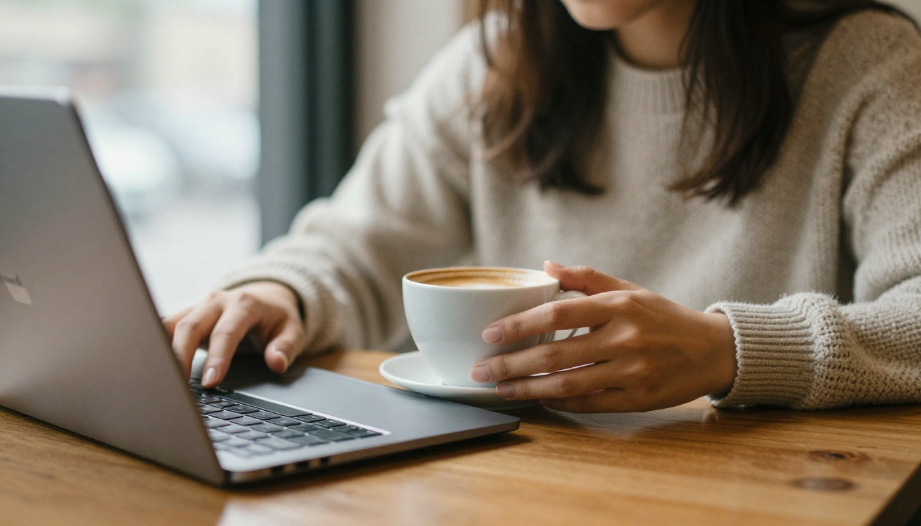 Cafe user working on a Chromebook next to a latte