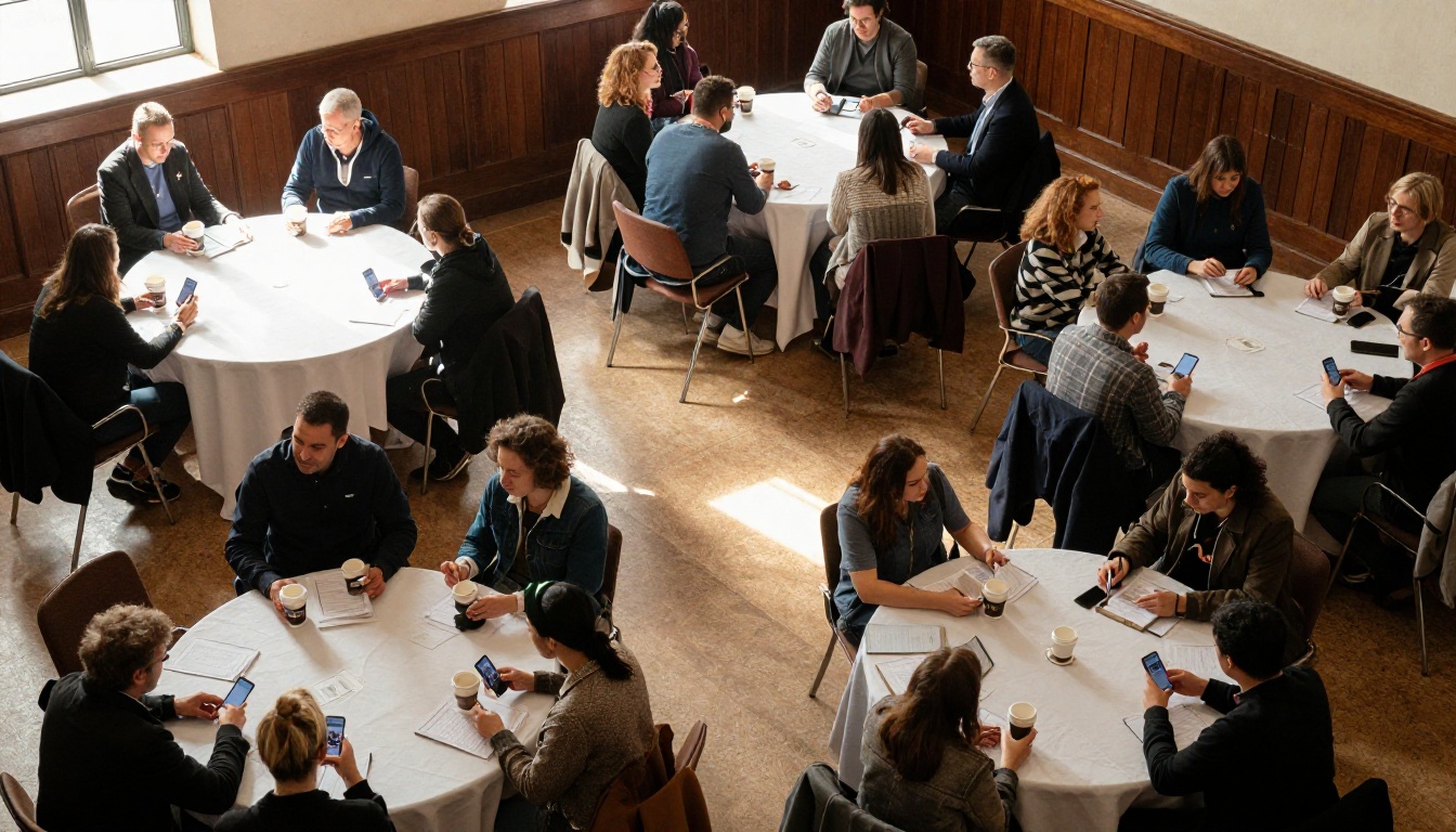 Overhead view of a fellowship hall where congregants hold phones displaying a digital bulletin Overhead view of a fellowship hall where congregants hold phones displaying a digital bulletin