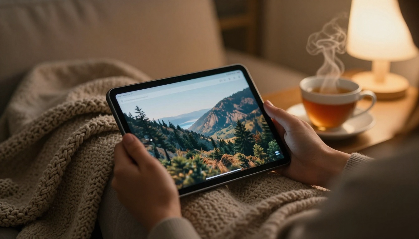 Woman holding a tablet showing a magazine spread on a sofa Woman holding a tablet showing a magazine spread on a sofa