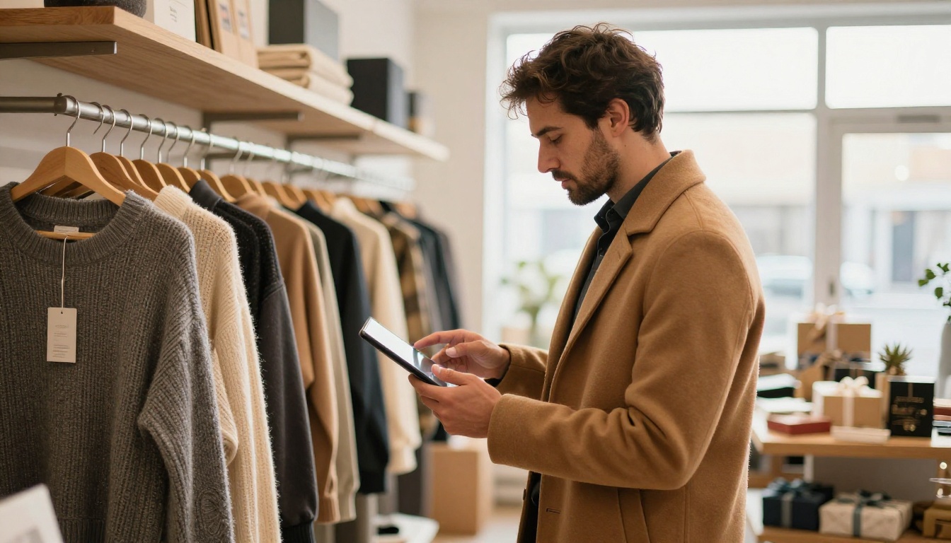 Boutique buyer browsing a tablet next to racks of knitwear