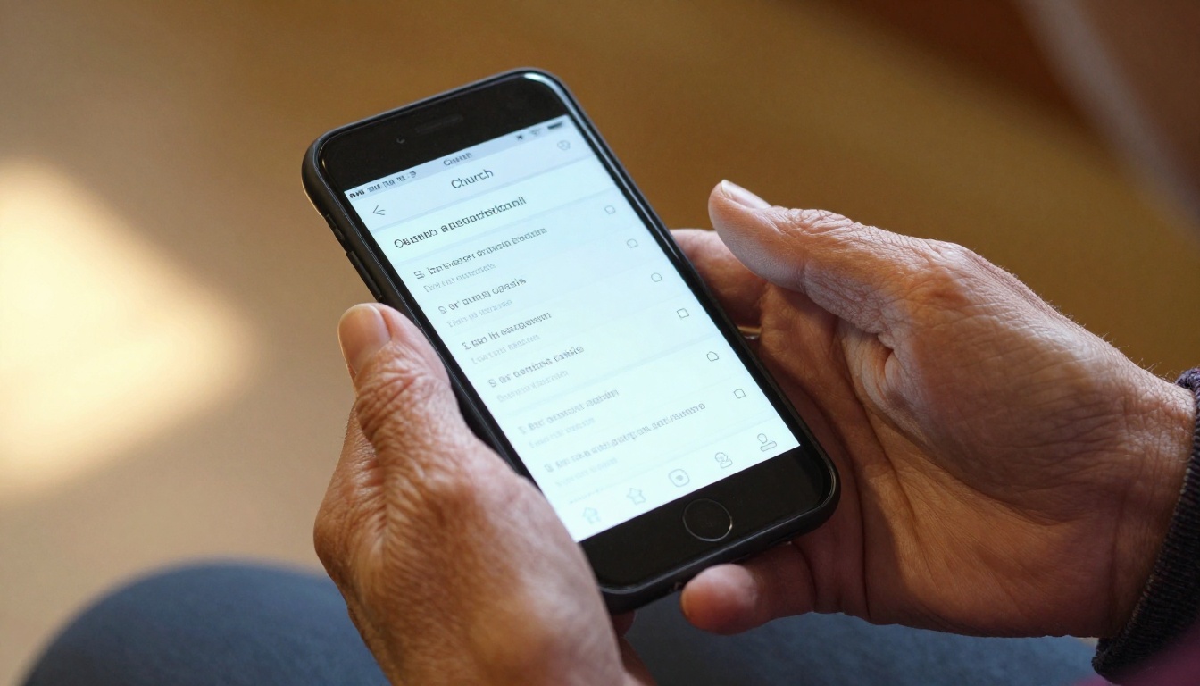 An elderly woman's hands holding a smartphone in a church pew An elderly woman's hands holding a smartphone in a church pew
