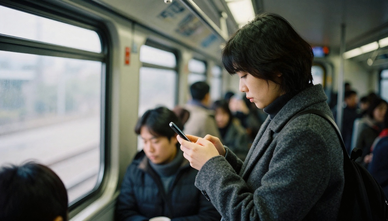 Commuter reading on a smartphone on a city train Commuter reading on a smartphone on a city train