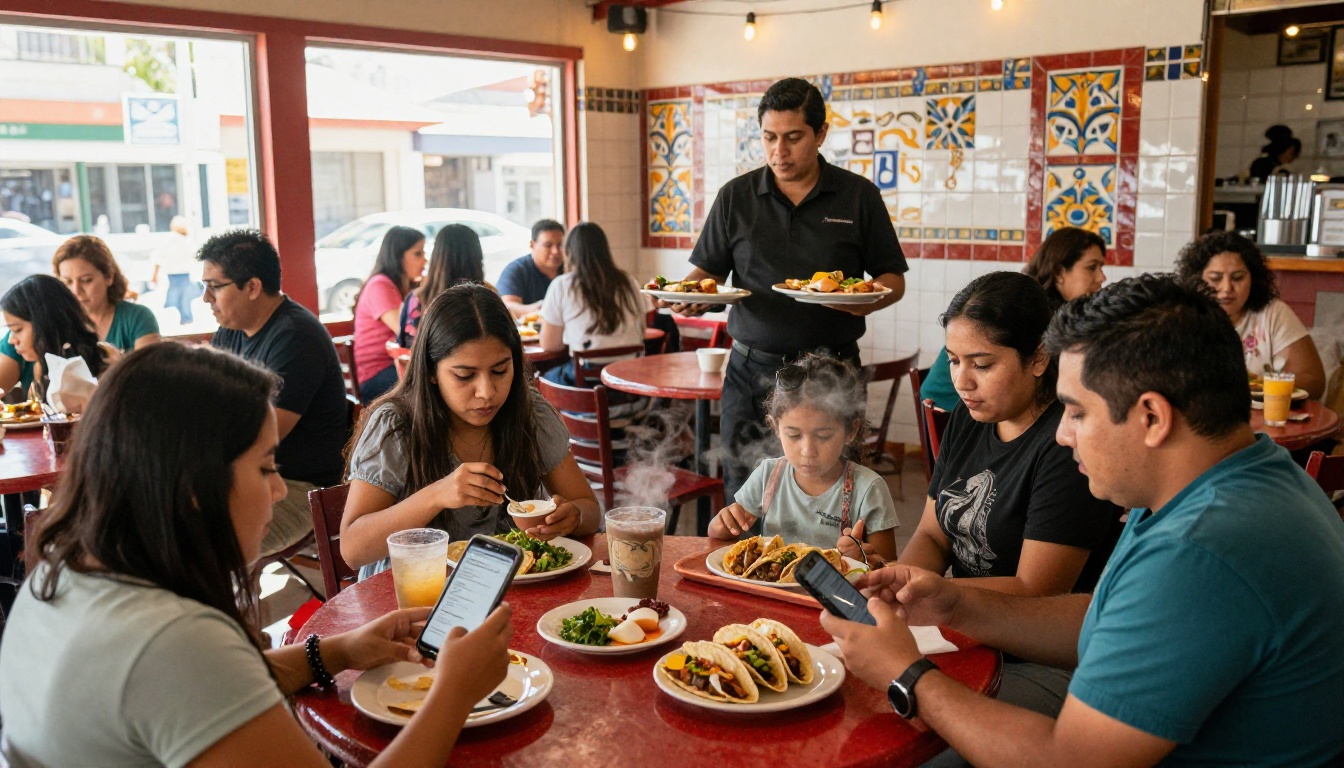 A taqueria full of diners reading a digital menu on their phones