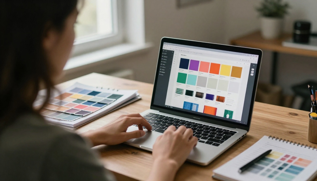 Over the shoulder view of a designer working on a laptop with a product grid